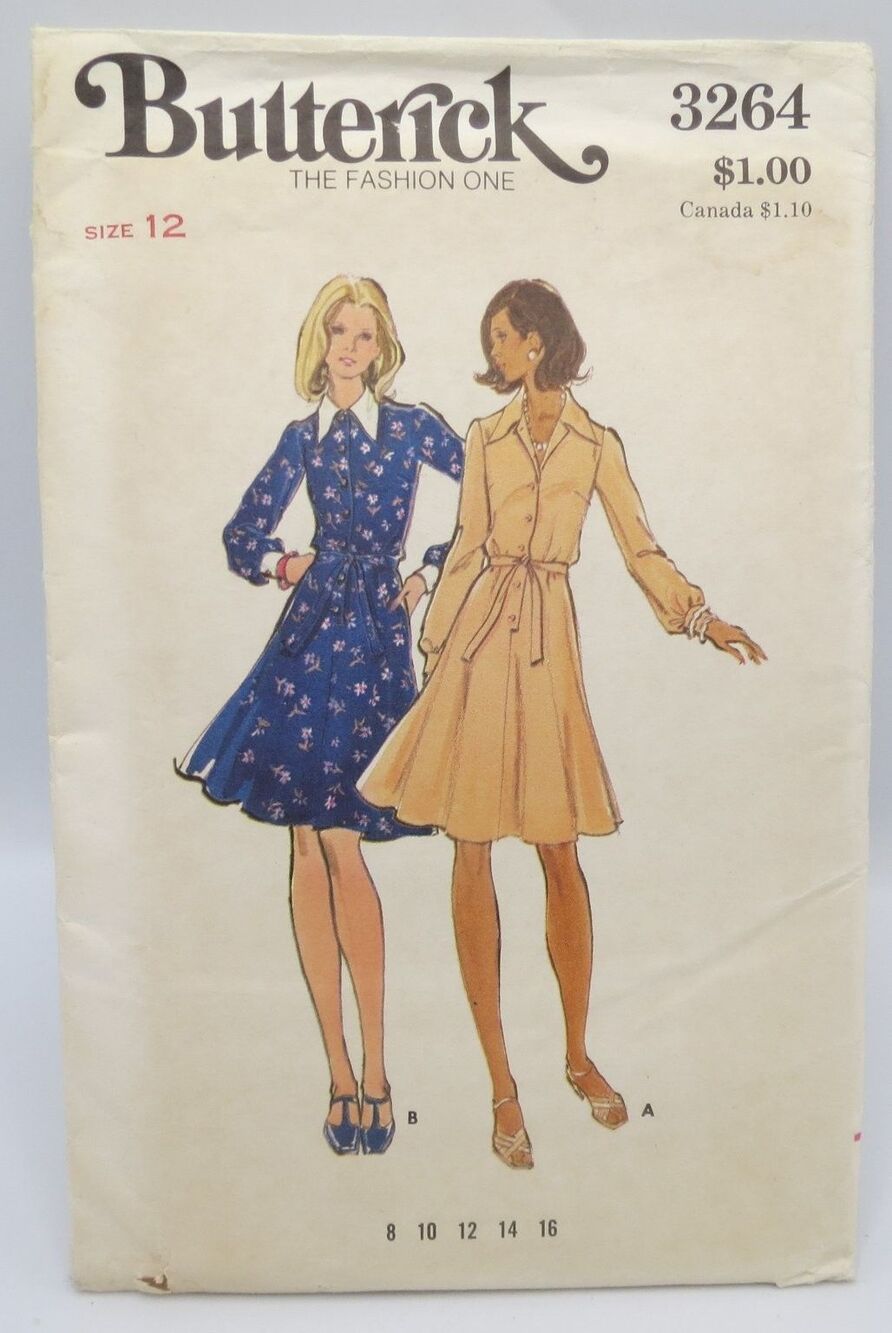 Butterick 3264 Misses' Dress Sizes 8 10 12 14 16 70s Vintage